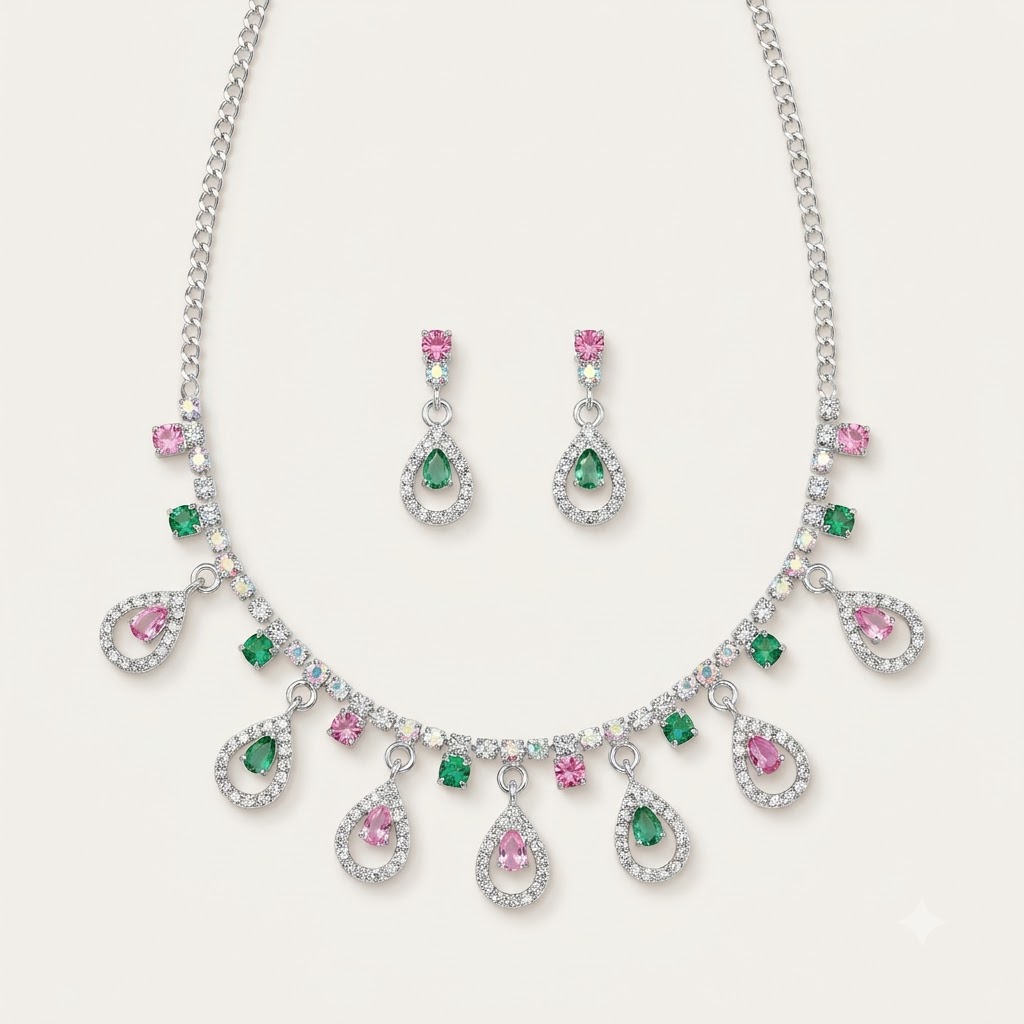 Rosé & Emerald Teardrop Halo Fringe Set